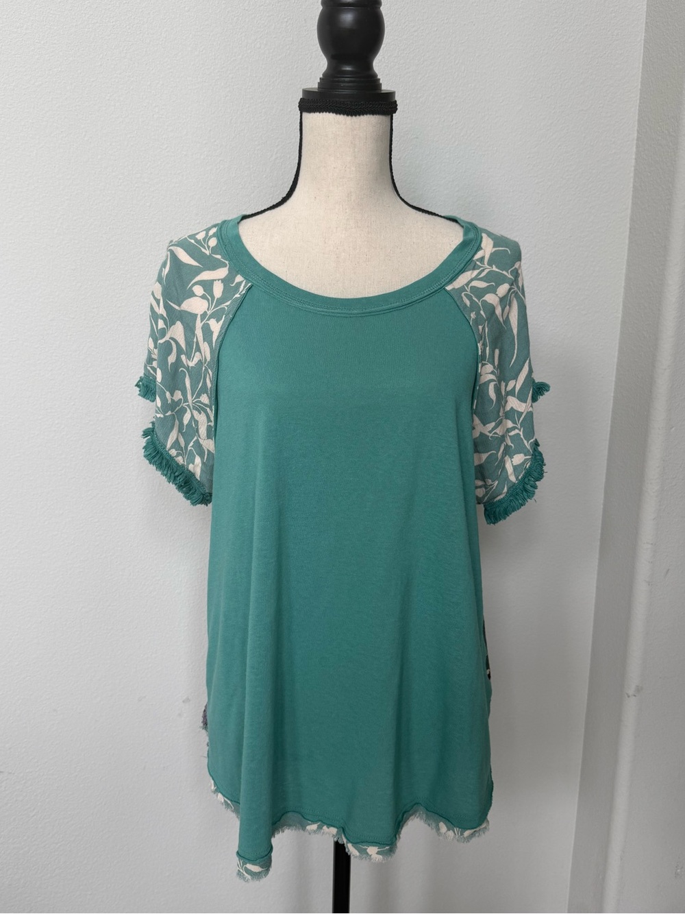 Mother’s Day BOGO Free! Umgee Teal and Mixed Print Top with Fringe Trim